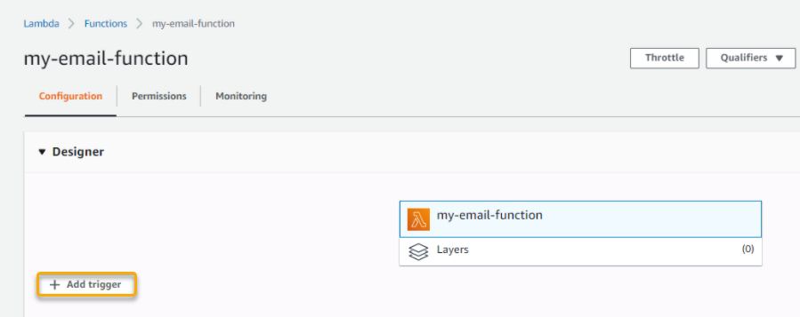 On the my email function page the Configuration tab is selected and the + Add Trigger button is highlighted
